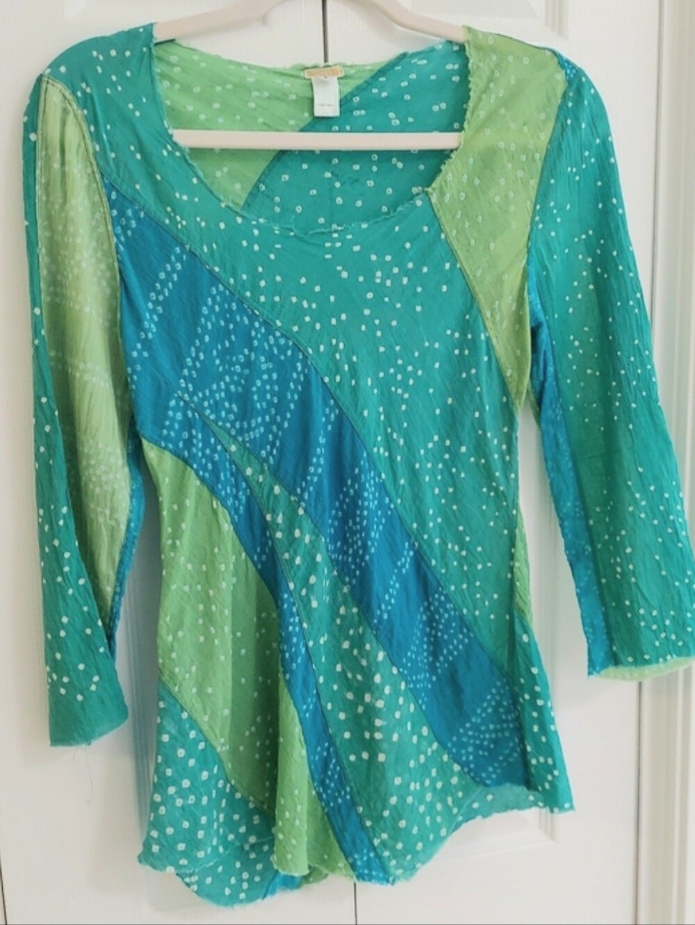 DOSA Top, Size S (1), Abstract Blue Green, Frayed Edging, Cotton
